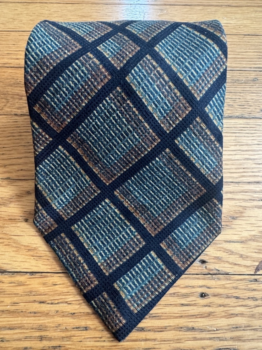 Bally Geometric Silk Tie in Blue, Brown and Cream